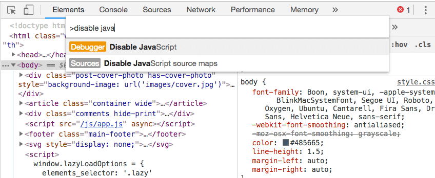 ปิด JavaScript ใน Chrome DevTools