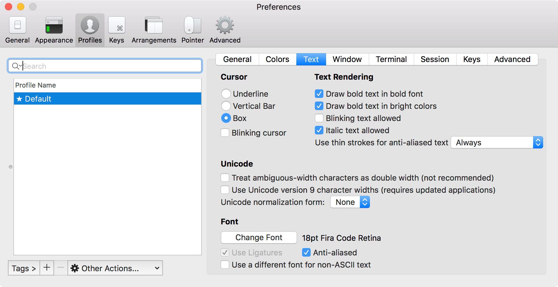 เปลี่ยน font settings ใน iTerm2 beta 3.1