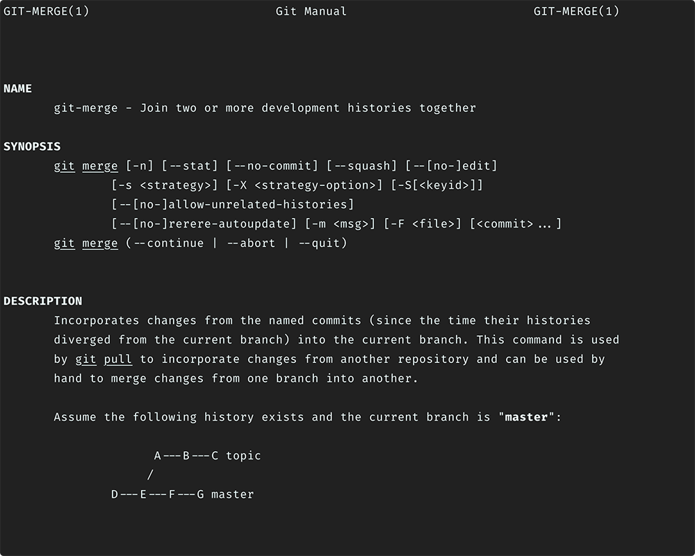 รูป ตัวอย่าง man page ของ git merge