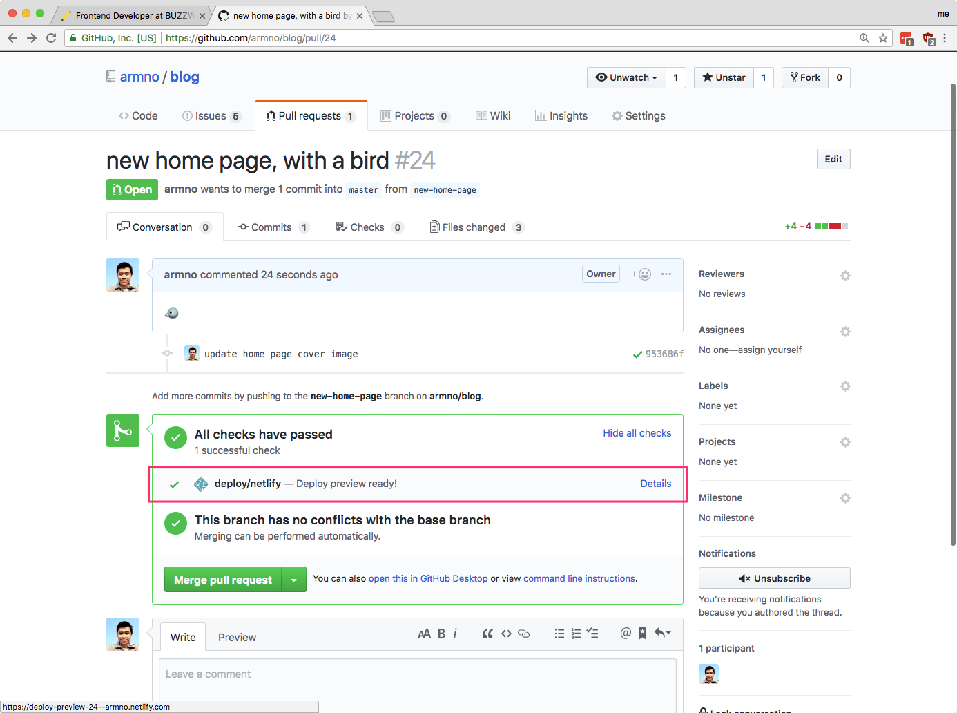 netlify สร้าง deploy preview เมื่อสร้าง pull request