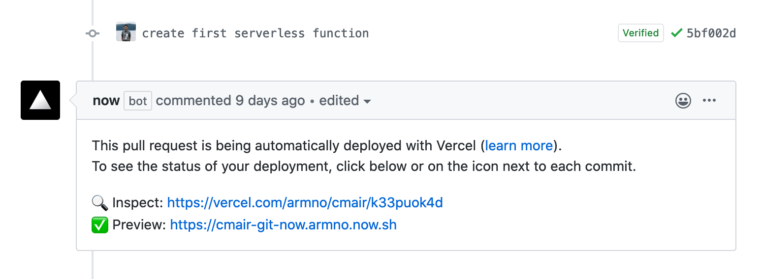 Vercel integration on GitHub's pull request