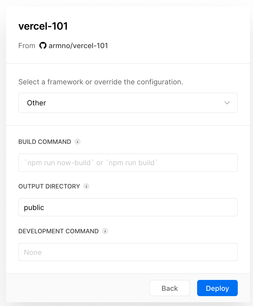 set project framework and build command