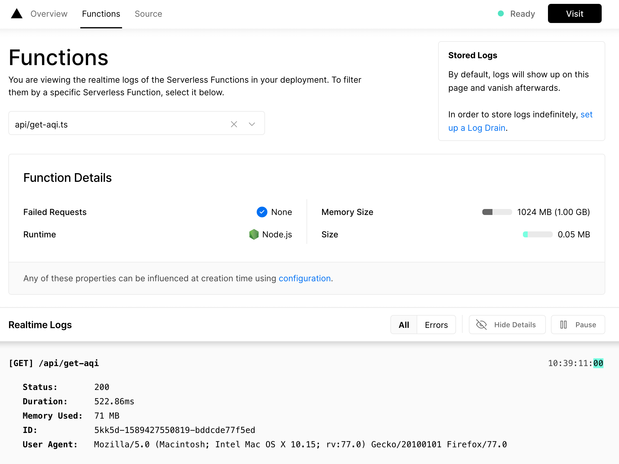 Serverless Functions info on Vercel Dashboard